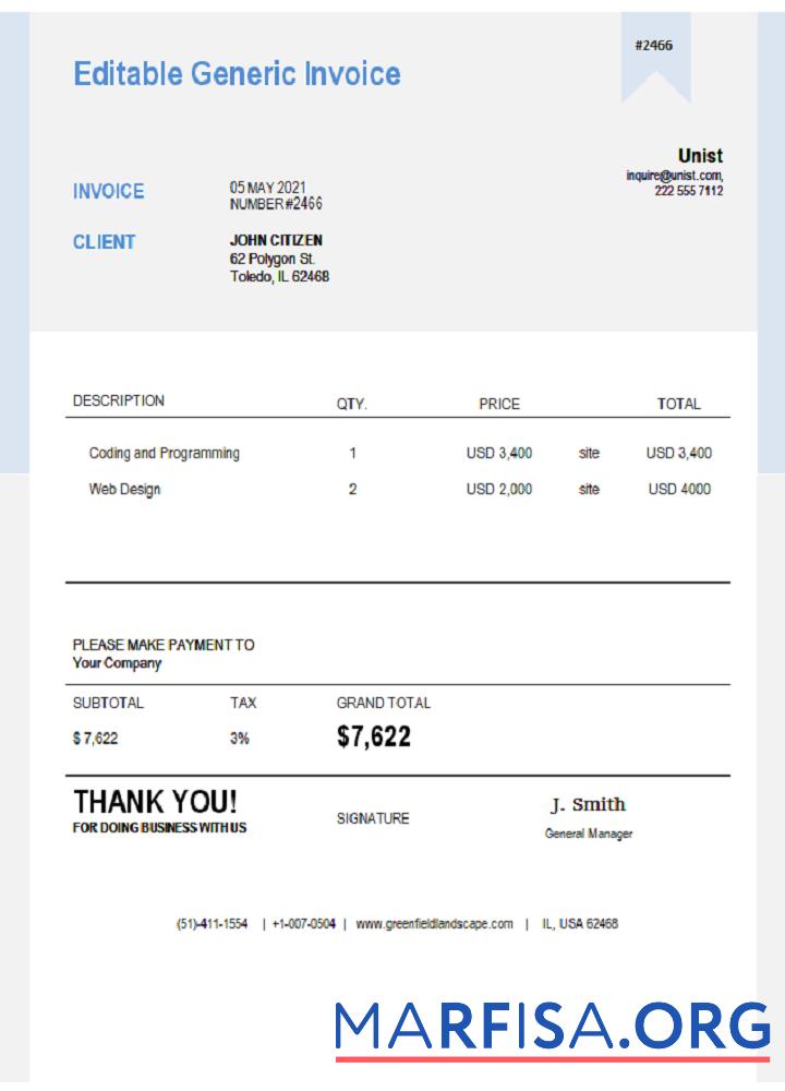 Blank USA Unist invoice download for verification